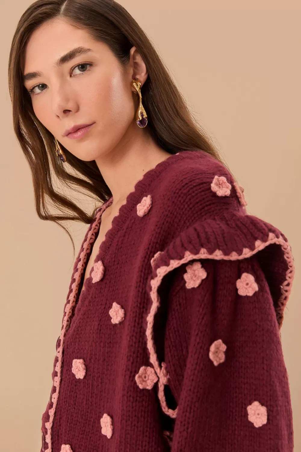 Cardigan en tricot à fleurs au crochet bordeaux^FARM Rio  Shop