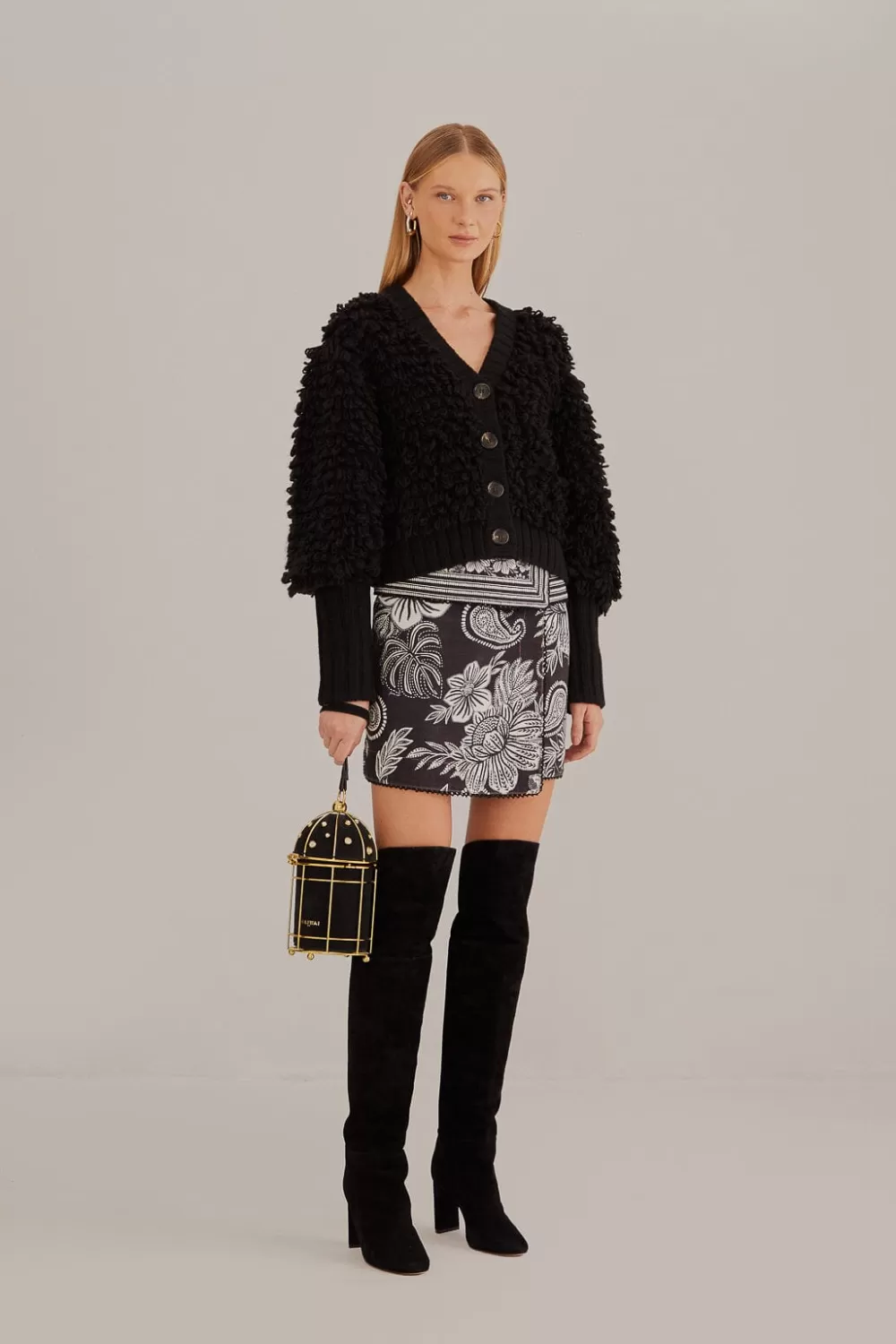 Cardigan texturé noir à col en V^FARM Rio  Outlet
