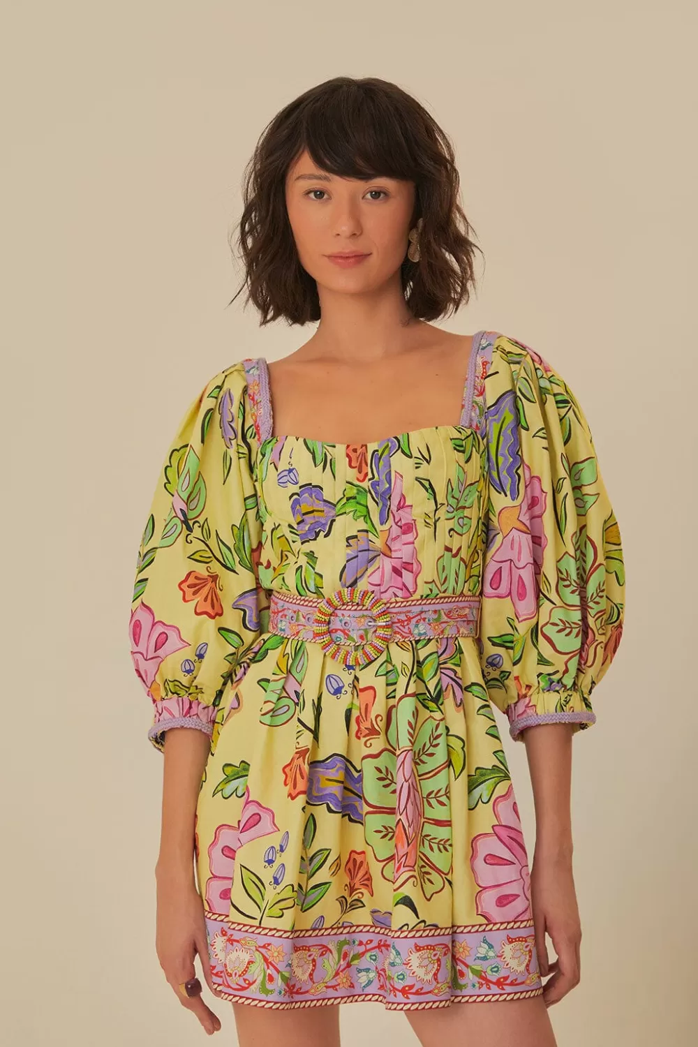 Mini-robe à manches courtes avec imprimé floral et insectes jaunes^FARM Rio  Flash Sale