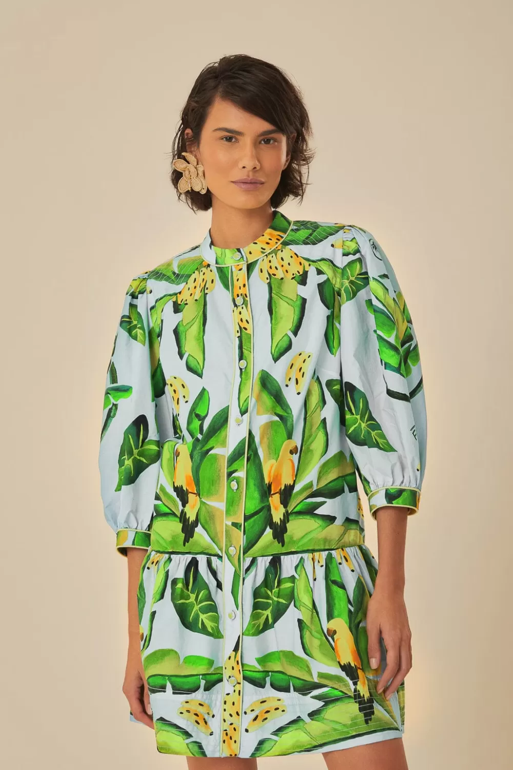 Mini-robe bleue en coton biologique avec foulard à feuillage d'été^FARM Rio  Sale