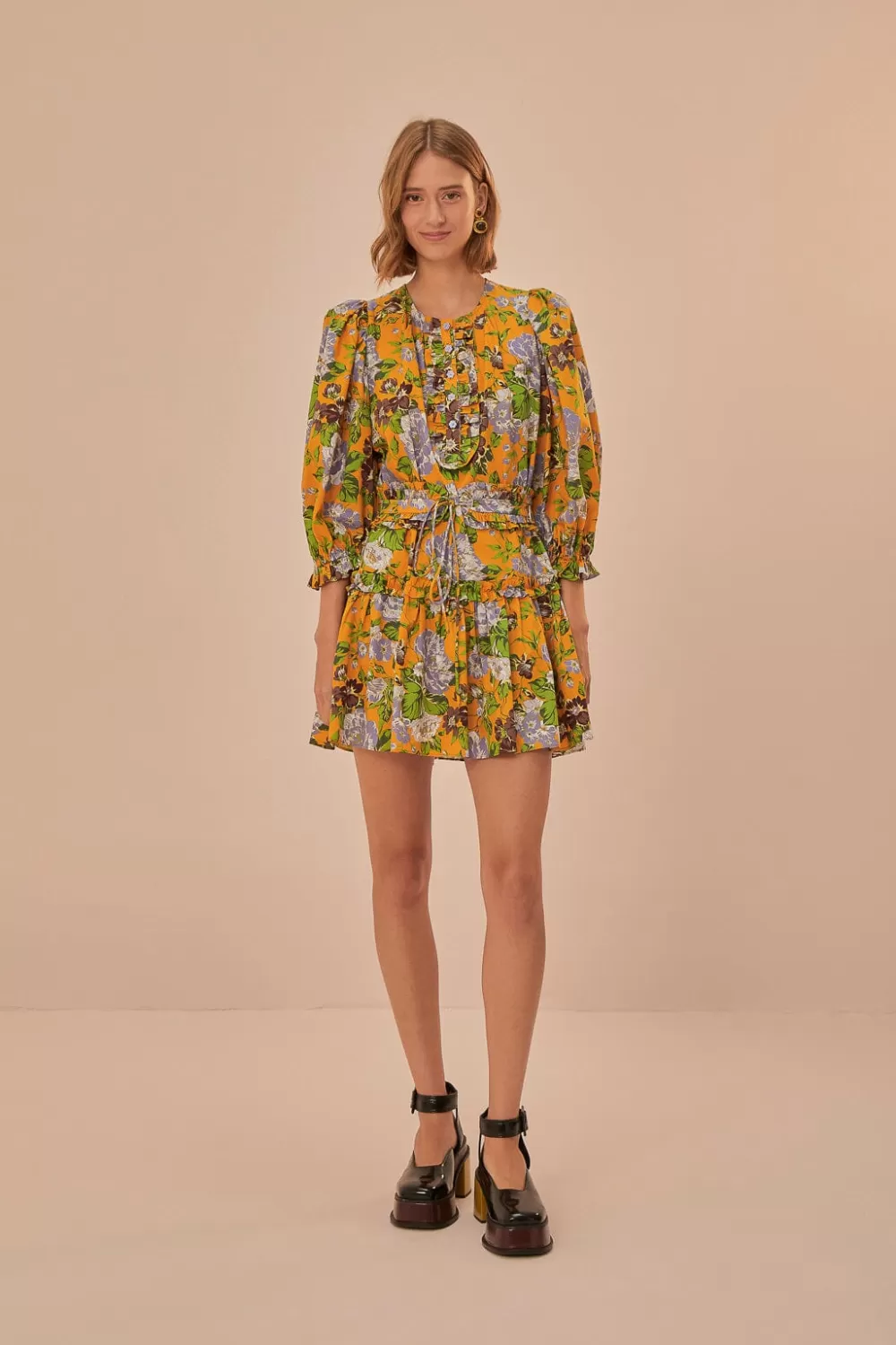 Mini-robe fleurie à manches courtes jaune Capri^FARM Rio  New