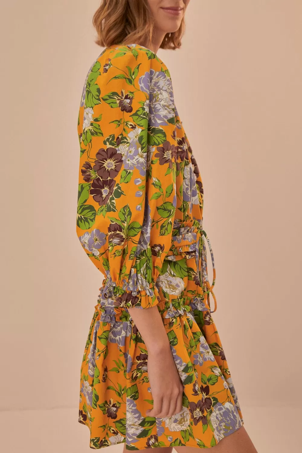 Mini-robe fleurie à manches courtes jaune Capri^FARM Rio  New