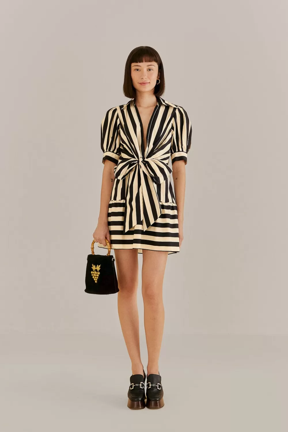 Mini-robe noire à manches courtes et rayures mélangées^FARM Rio  Cheap