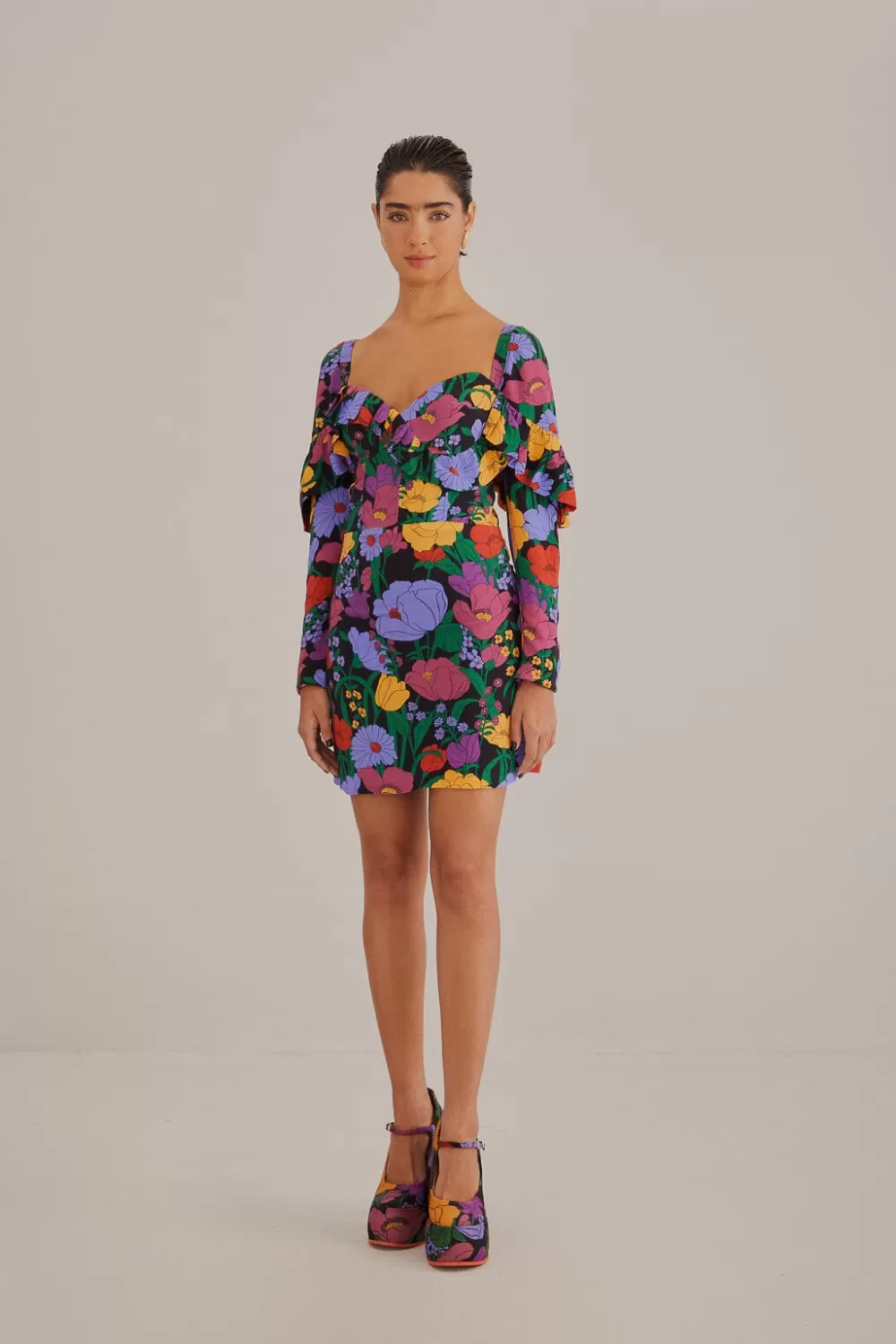 Mini-robe noire à manches longues Bucolic Garden^FARM Rio  Shop