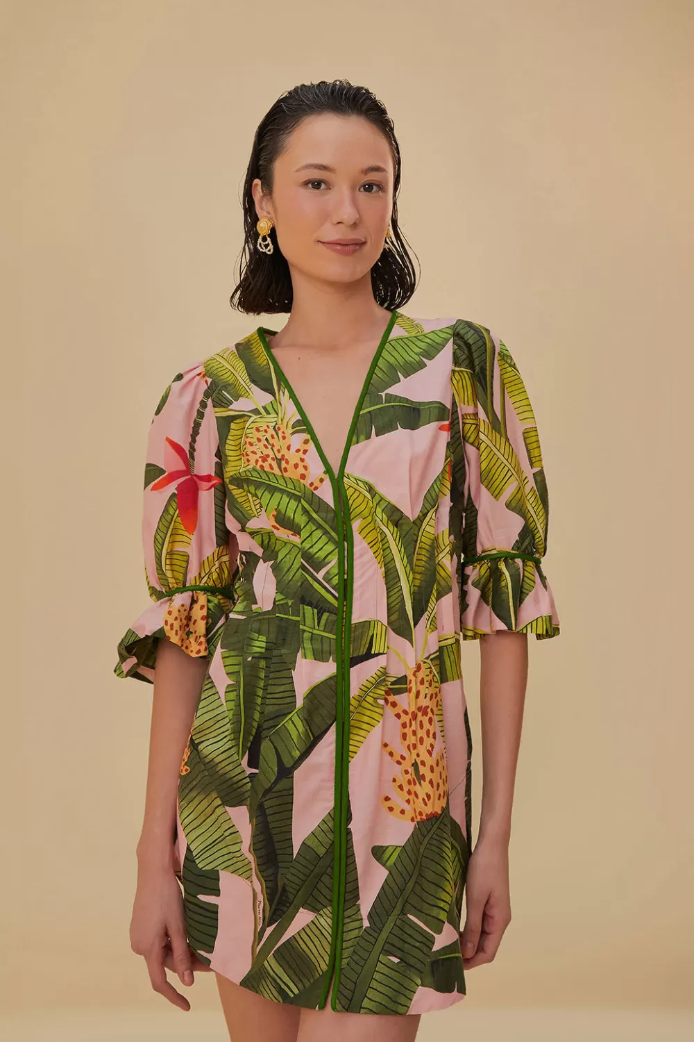 Mini-robe rose à col en V et feuilles de bananier^FARM Rio  Shop