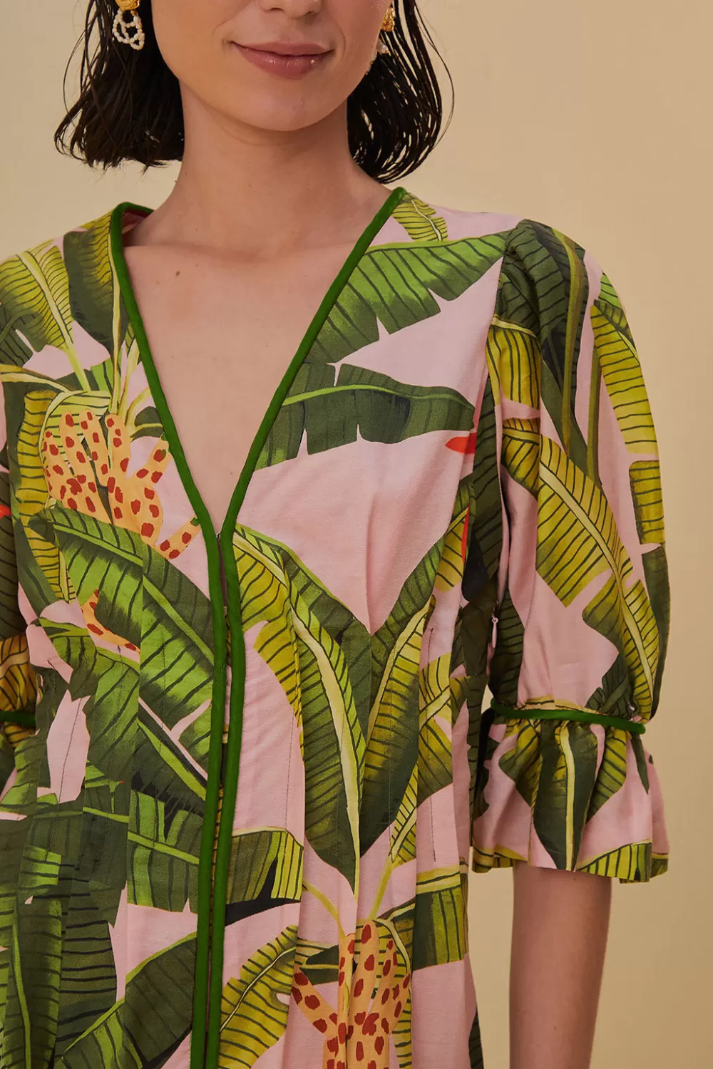 Mini-robe rose à col en V et feuilles de bananier^FARM Rio  Shop