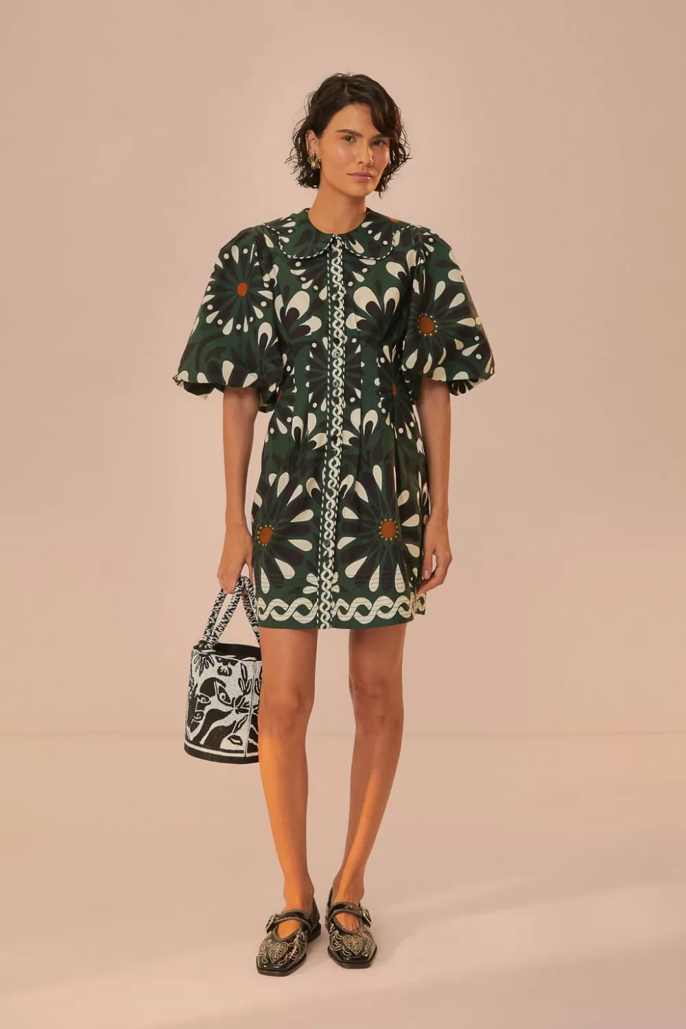 Robe courte à manches courtes avec fleurs vertes Ainika^FARM Rio  Sale