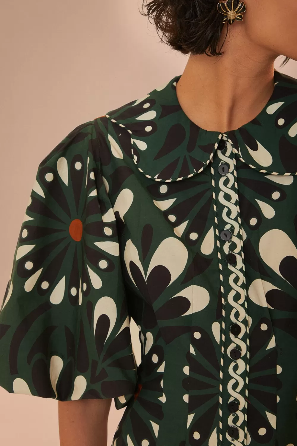 Robe courte à manches courtes avec fleurs vertes Ainika^FARM Rio  Sale