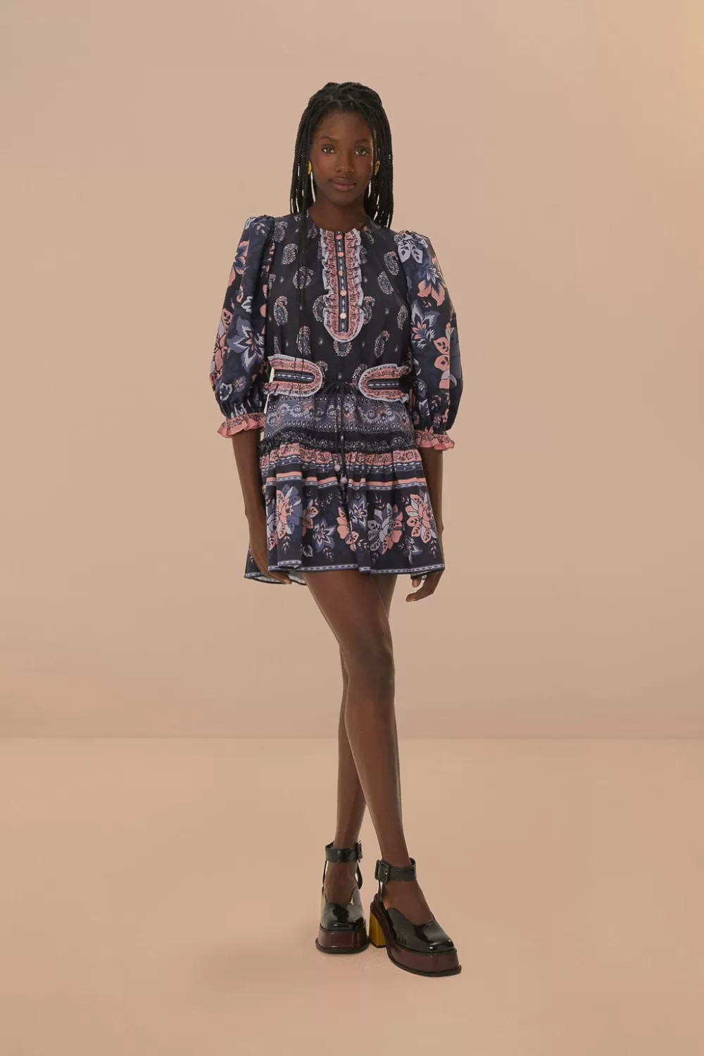 Robe courte à manches courtes bleue Ayla^FARM Rio  Best Sale