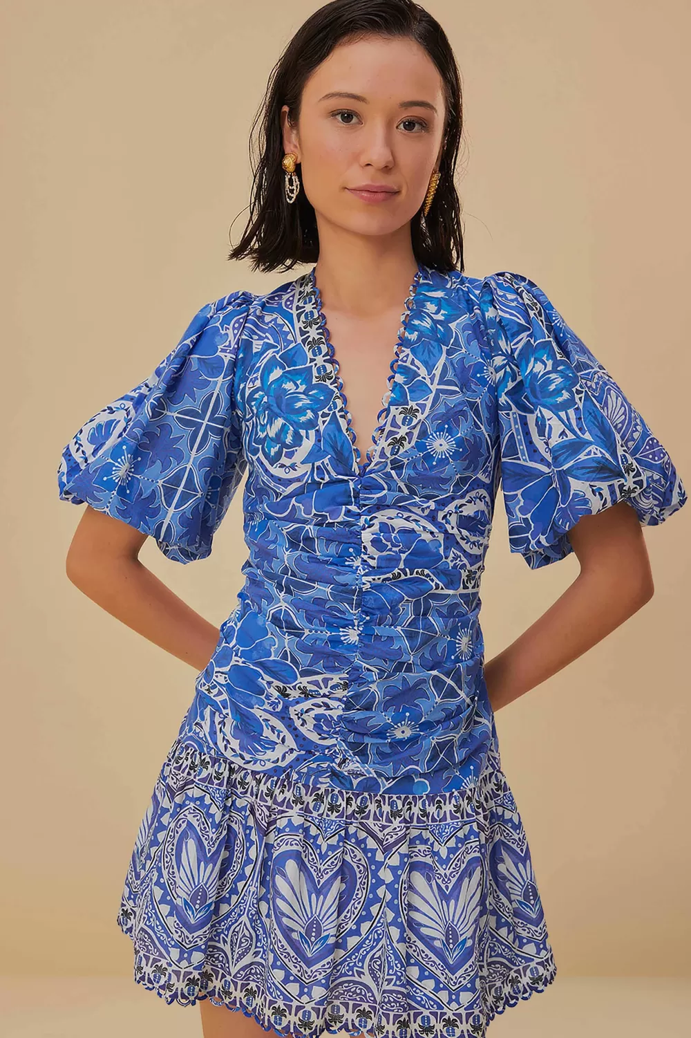 Robe courte bleue à manches courtes Tile Dream^FARM Rio  Discount