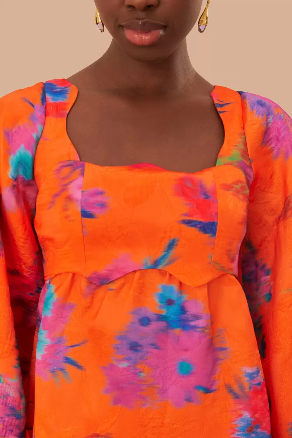 Robe courte en brocart ikat à bouquet orange^FARM Rio  Cheap