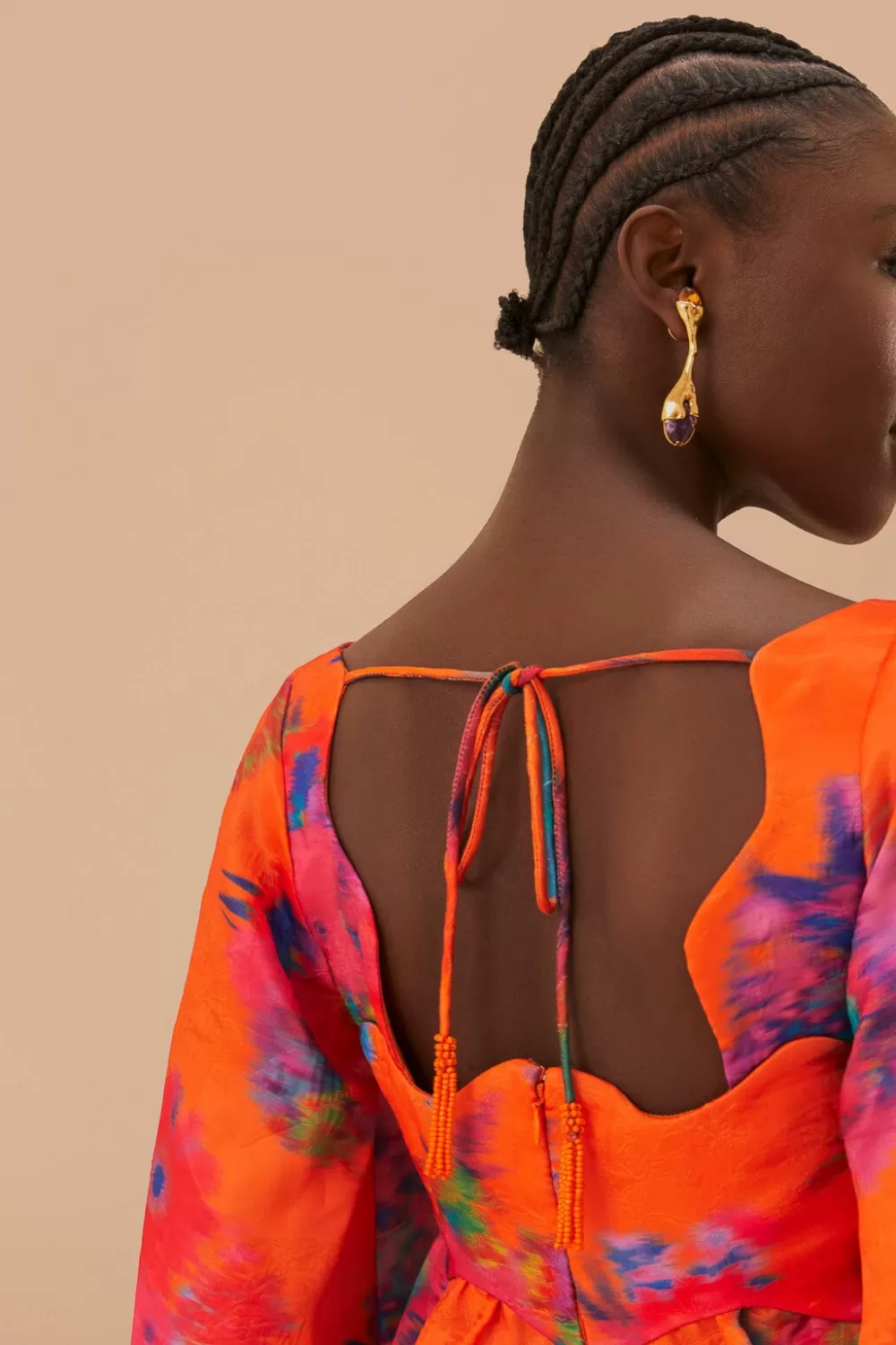 Robe courte en brocart ikat à bouquet orange^FARM Rio  Cheap