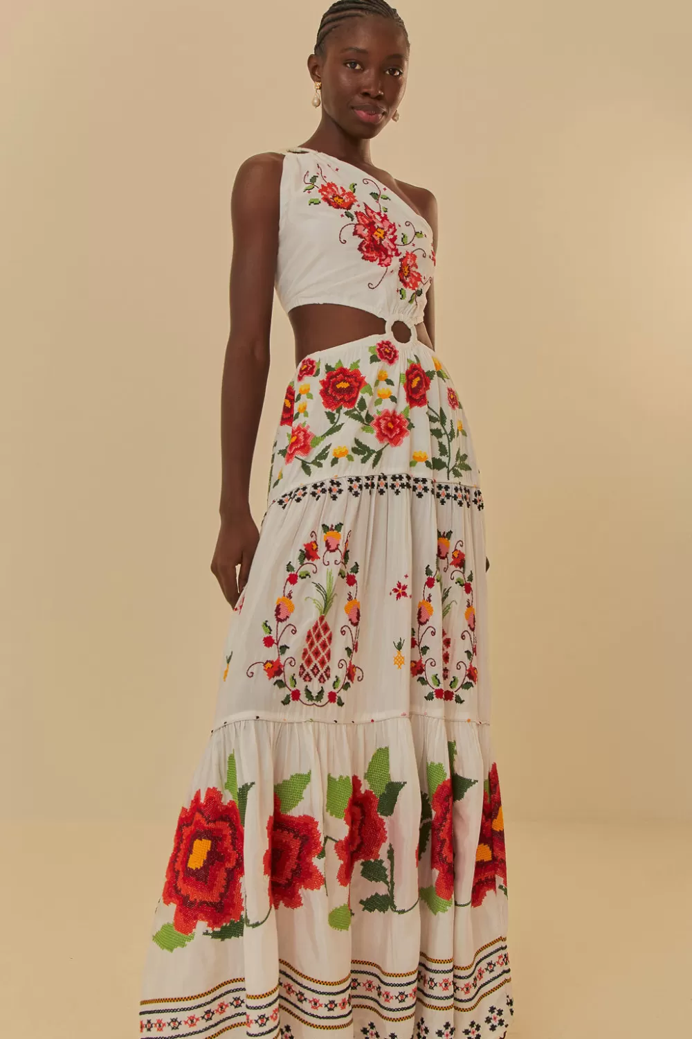 Robe longue à fleurs Carmina brodée blanc cassé^FARM Rio  Shop