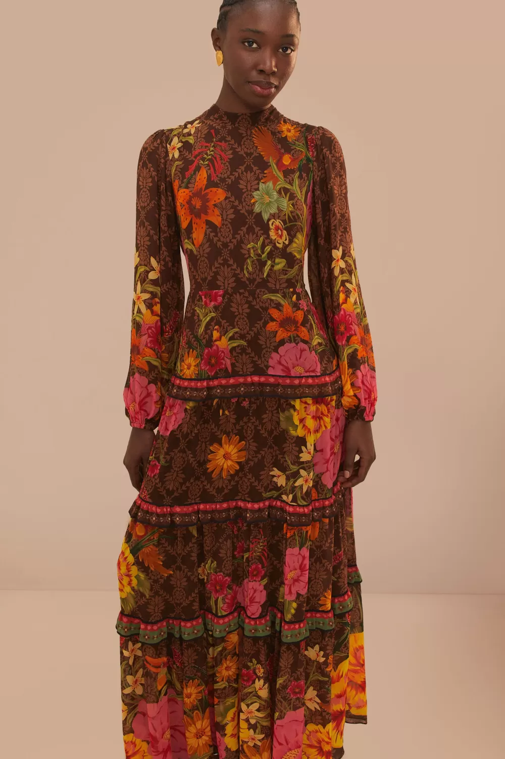Robe longue à manches longues de style jardin charmant marron^FARM Rio  Flash Sale