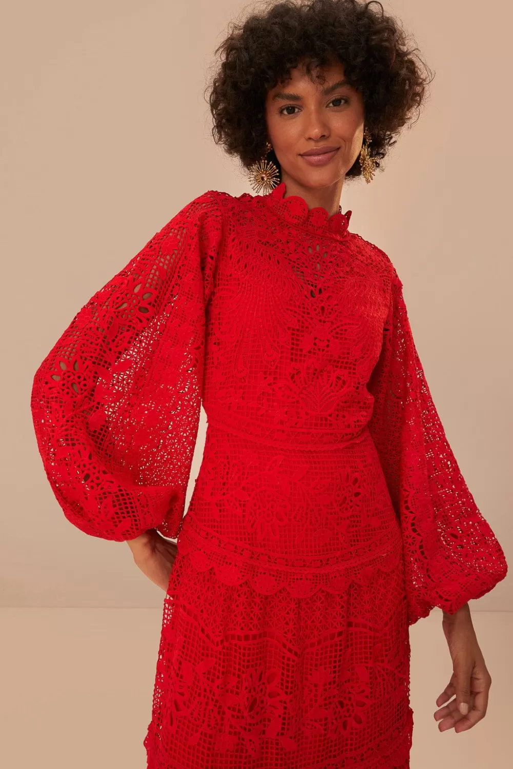 Robe longue à manches longues en guipure rouge^FARM Rio  Cheap