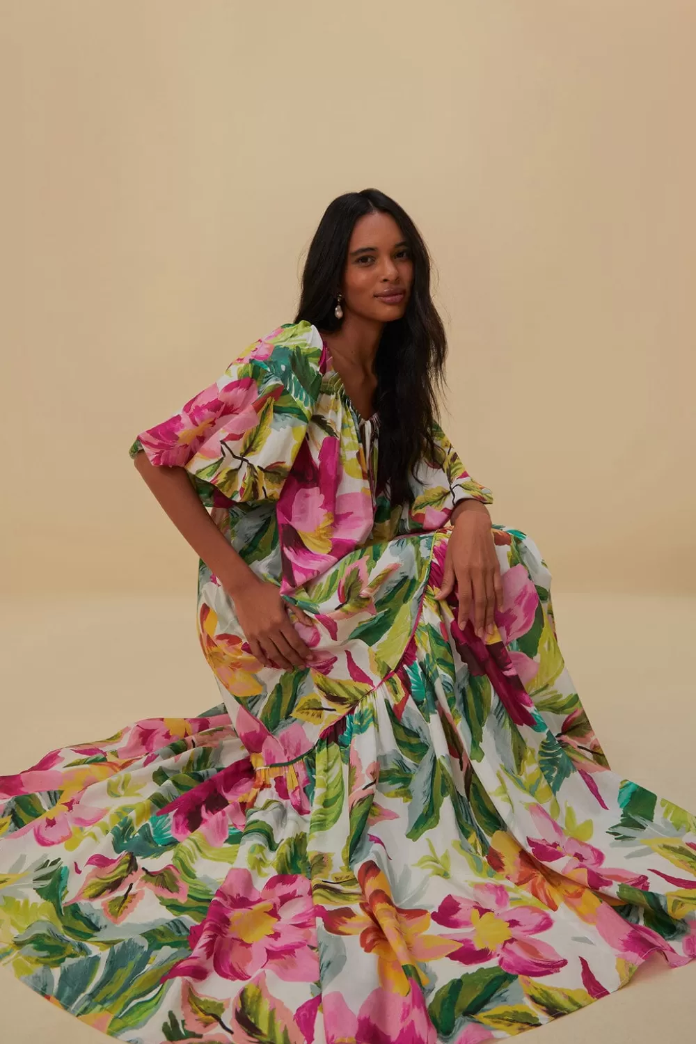 Robe longue blanc cassé à fleurs peintes^FARM Rio  Online