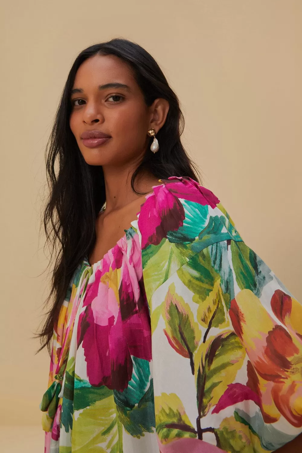 Robe longue blanc cassé à fleurs peintes^FARM Rio  Online