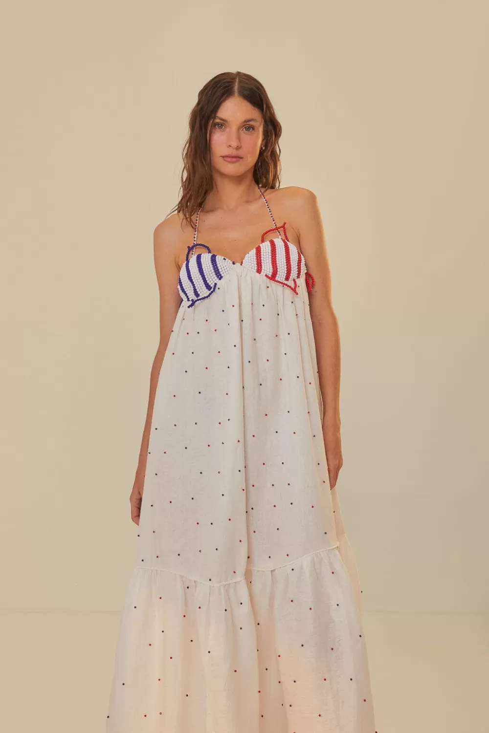 Robe longue blanche sans manches à poissons perlés^FARM Rio  Outlet