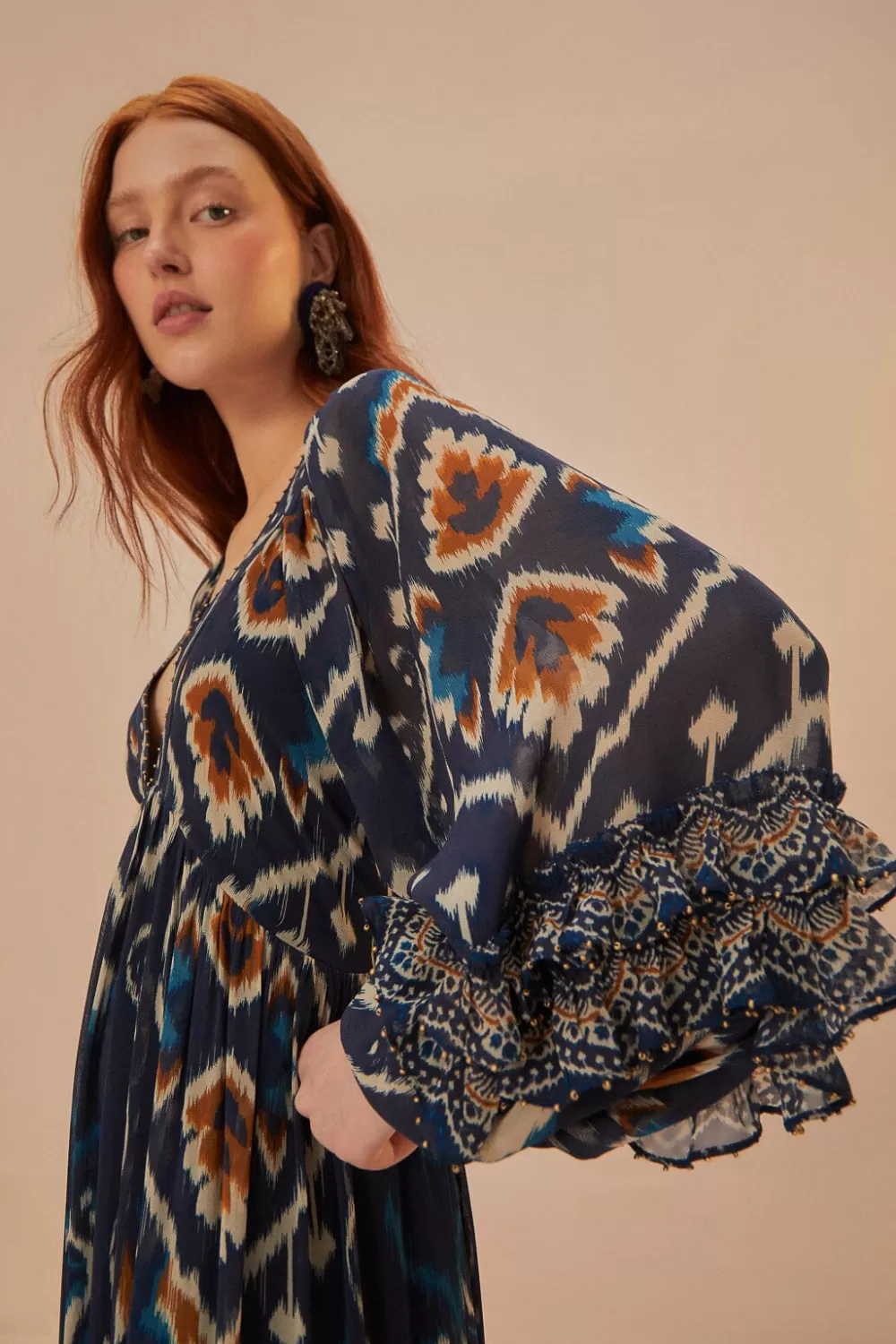 Robe longue bleue à imprimé ikat et ananas^FARM Rio  New