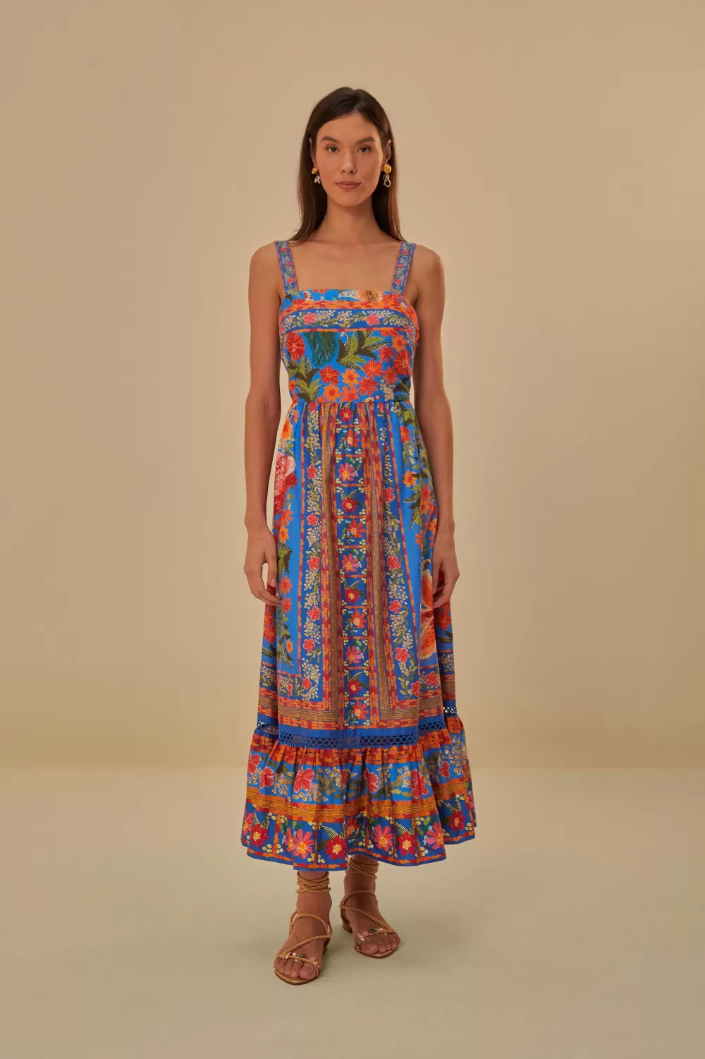 Robe longue bleue jardin cousue^FARM Rio  Shop