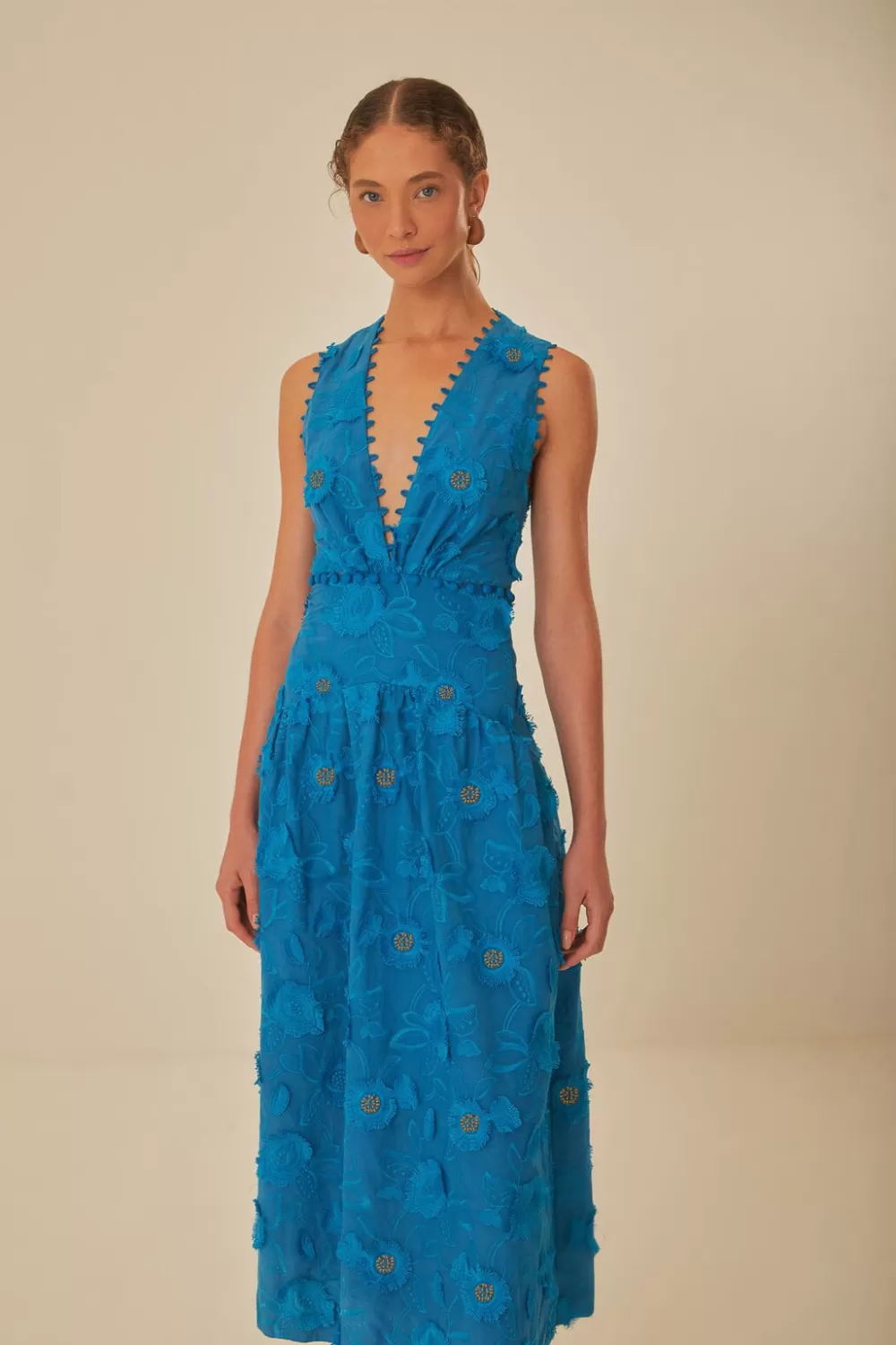 Robe longue bleue sans manches à fleurs 3D^FARM Rio  Cheap