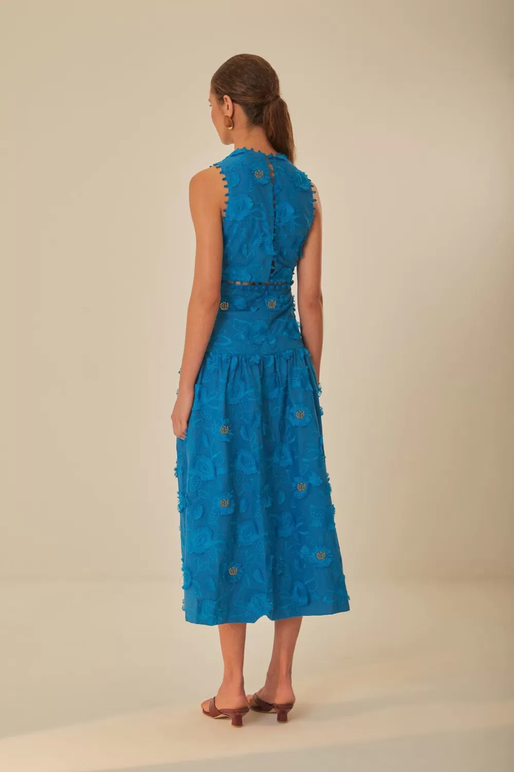 Robe longue bleue sans manches à fleurs 3D^FARM Rio  Cheap