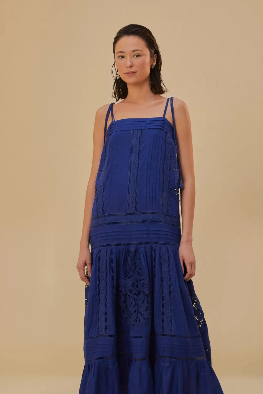 Robe longue bleue sans manches en dentelle^FARM Rio  Discount