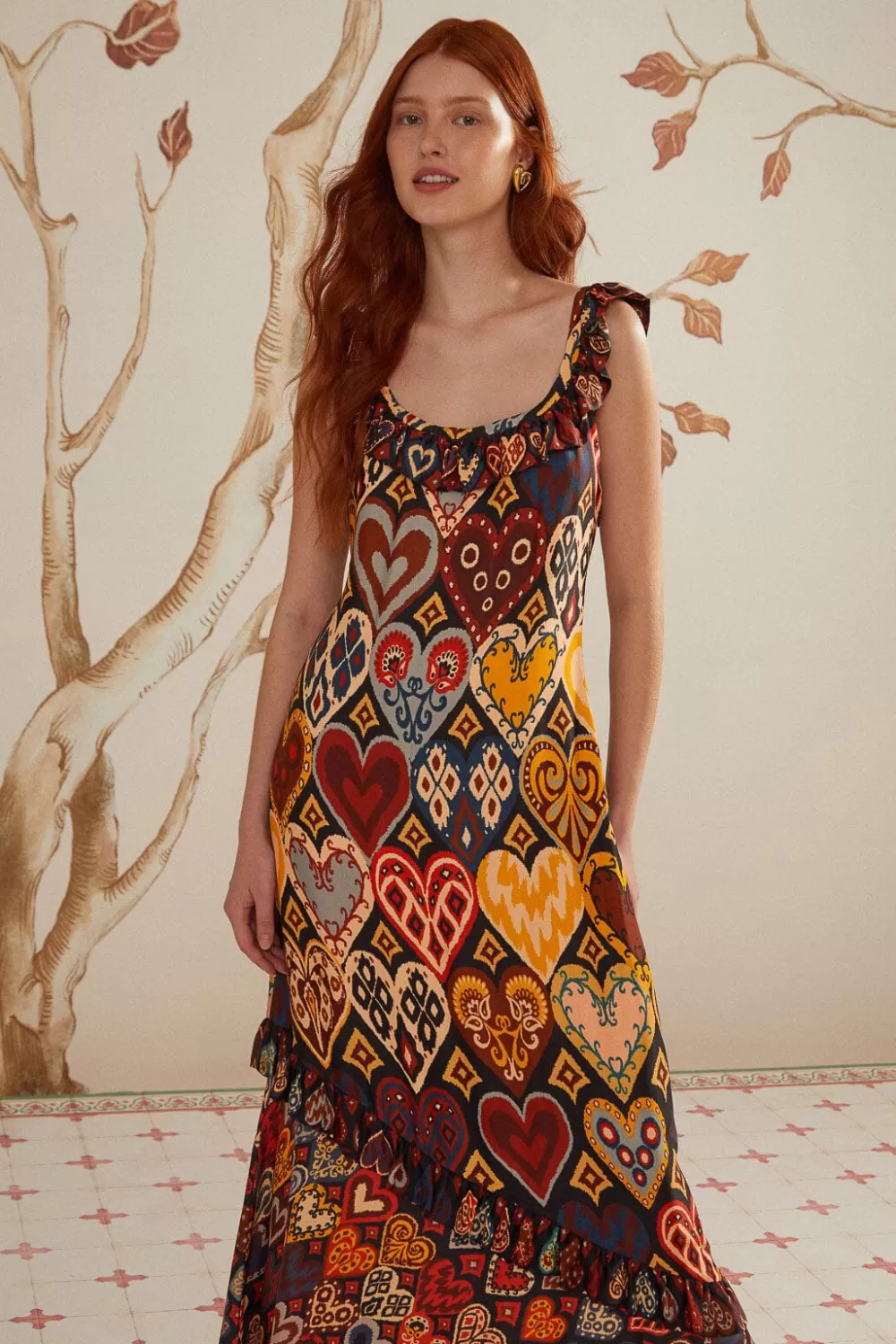 Robe longue en viscose LENZING™ ECOVERO™ Black Hearts Ikat^FARM Rio  Discount