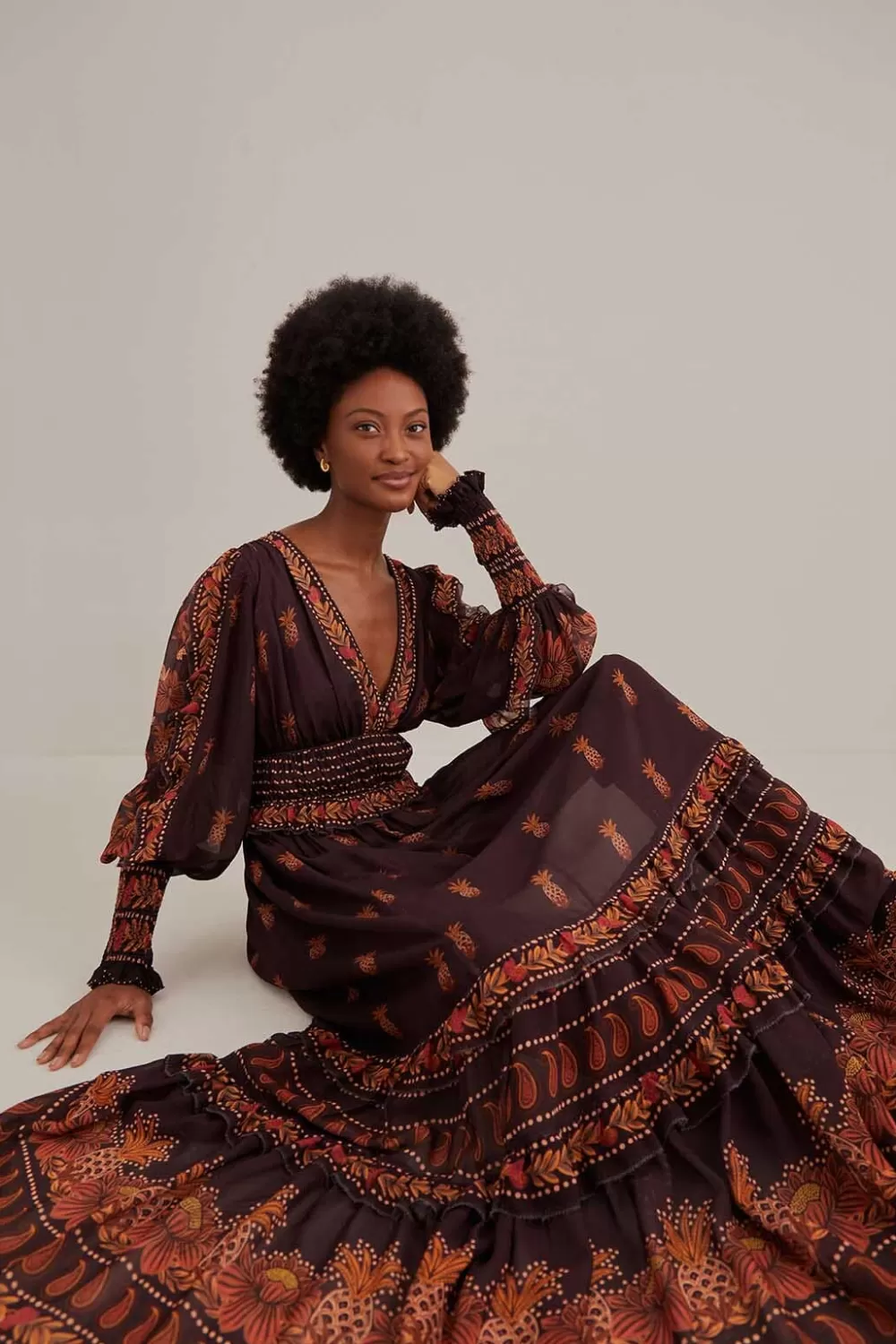 Robe longue marron à manches longues Paisley Bloom^FARM Rio  New