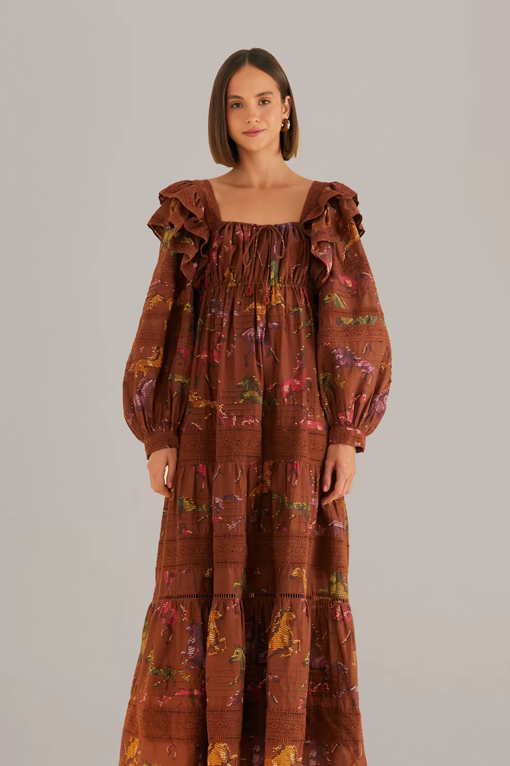 Robe longue marron à pois chevaux^FARM Rio  New