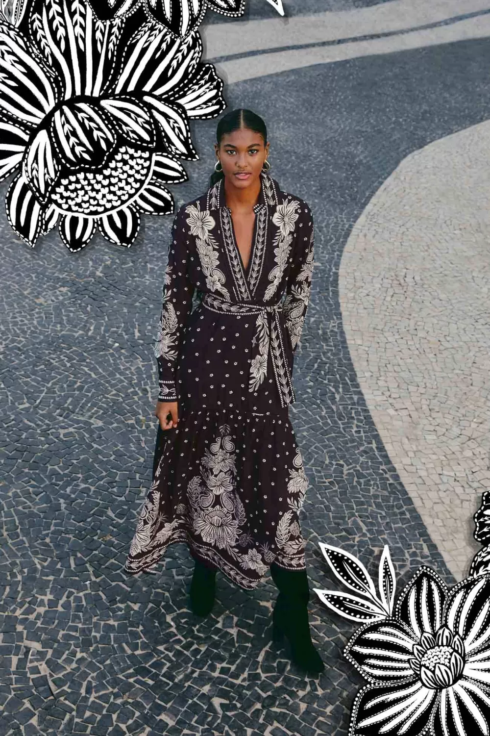 Robe longue noire à motif cachemire Bloom^FARM Rio  Discount