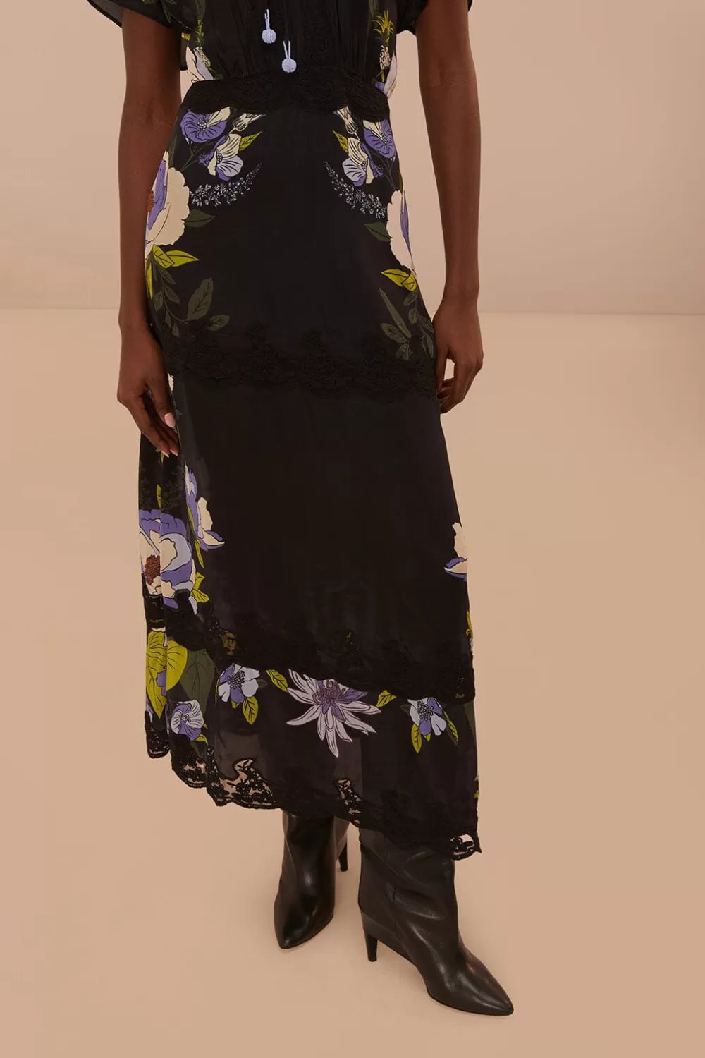 Robe longue noire en dentelle de jardin douce^FARM Rio  Store