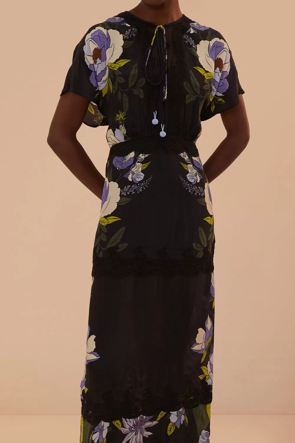 Robe longue noire en dentelle de jardin douce^FARM Rio  Store