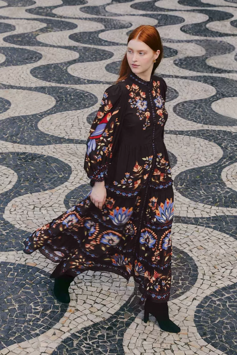 Robe longue noire Winter Garden à manches longues^FARM Rio  Store