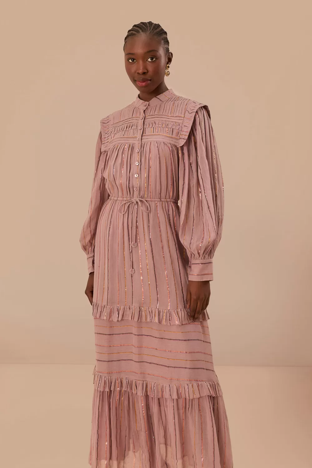 Robe longue plissée rose clair à volants^FARM Rio  Best Sale