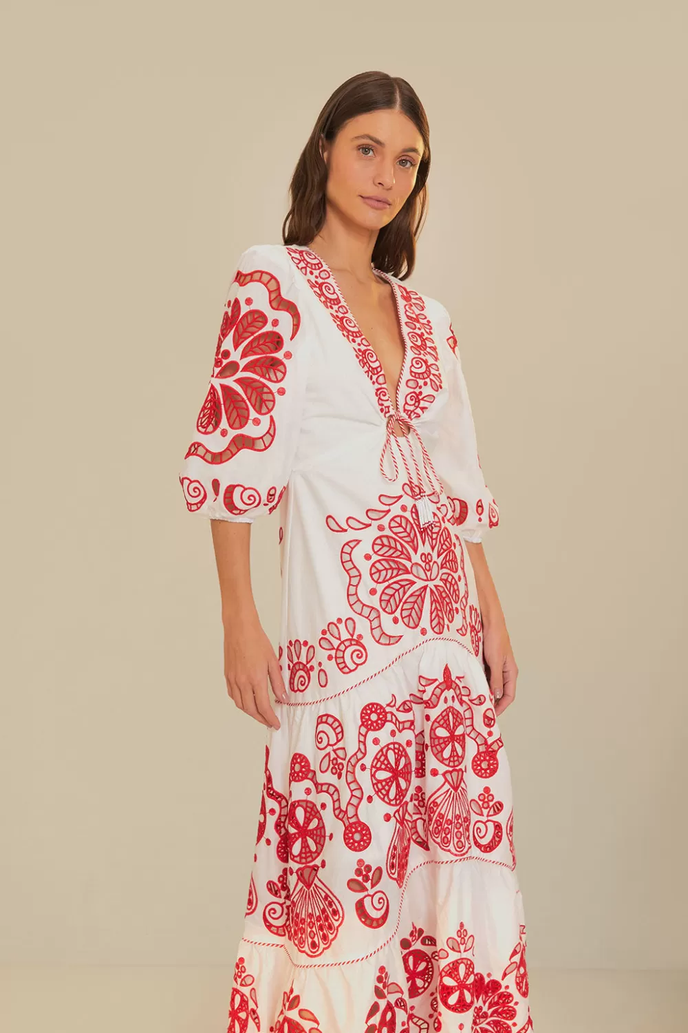 Robe longue Richelieu blanche à col en V^FARM Rio  Outlet