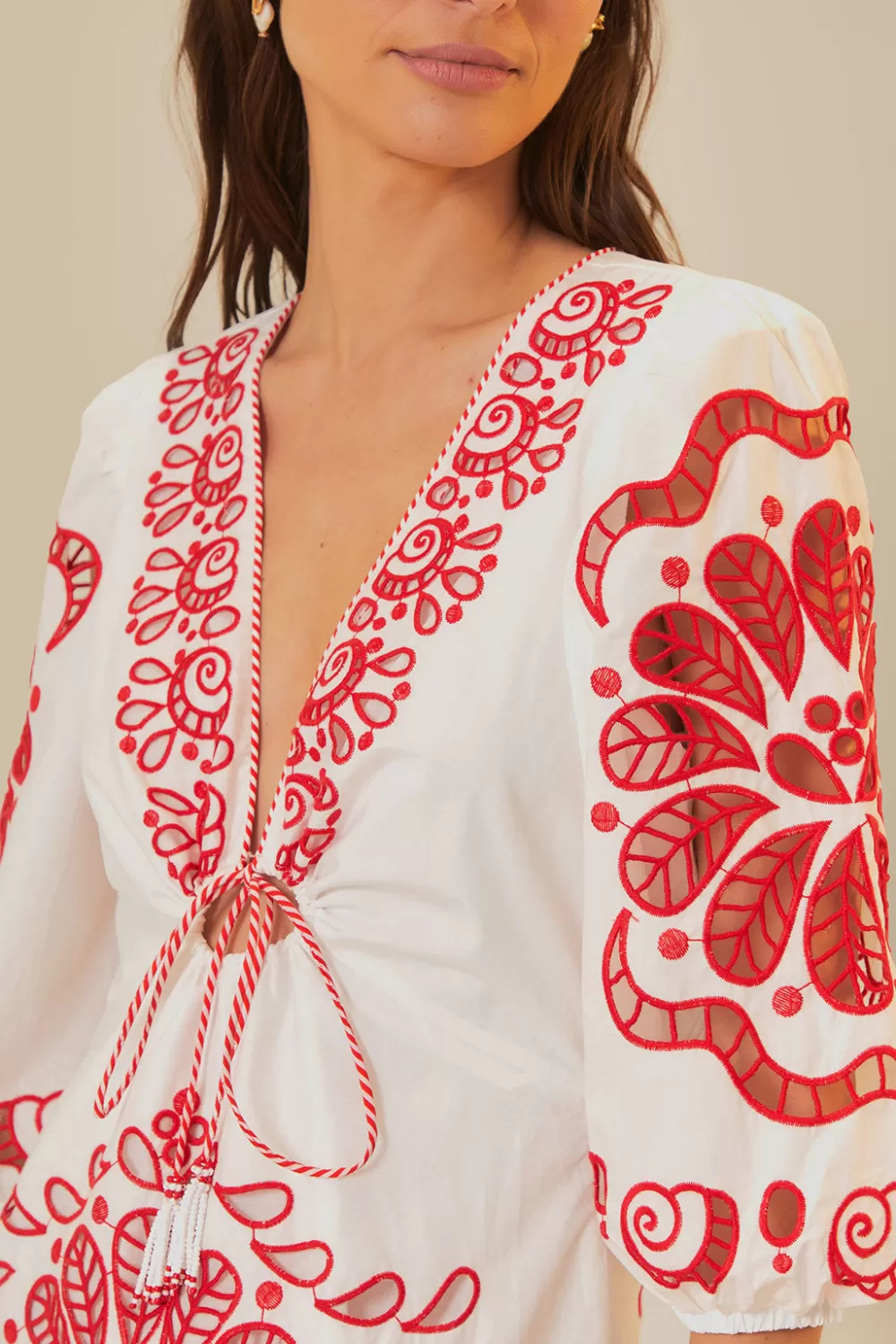 Robe longue Richelieu blanche à col en V^FARM Rio  Outlet