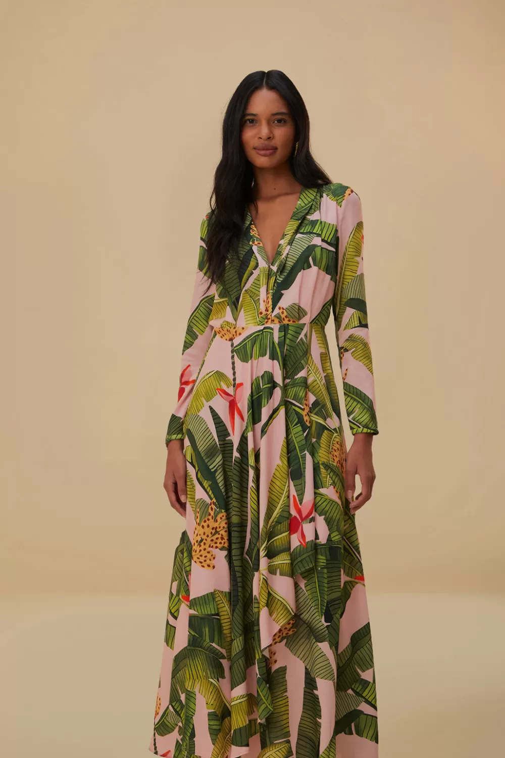 Robe longue rose à feuilles de bananier^FARM Rio  Store