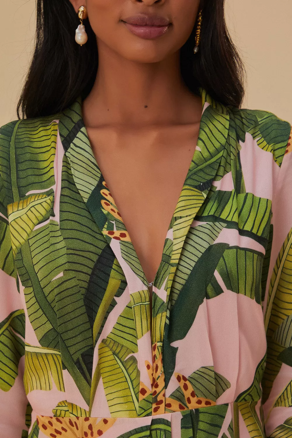 Robe longue rose à feuilles de bananier^FARM Rio  Store