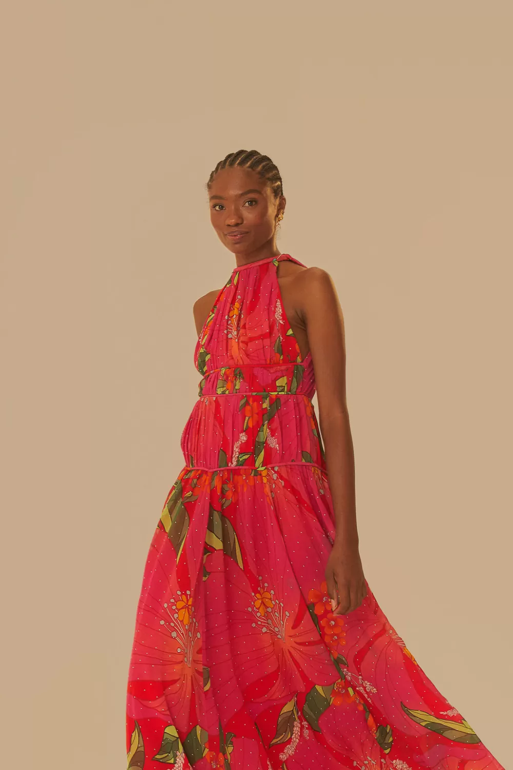 Robe longue rouge sans manches à fleurs Pietra^FARM Rio  New