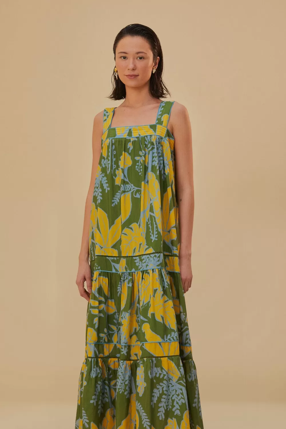 Robe longue sans manches à croquis de feuillage vert^FARM Rio  Discount