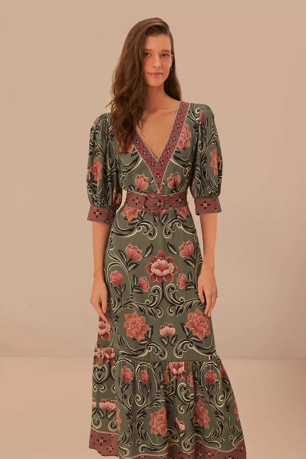Robe longue verte à imprimé floral arabesque^FARM Rio  Discount