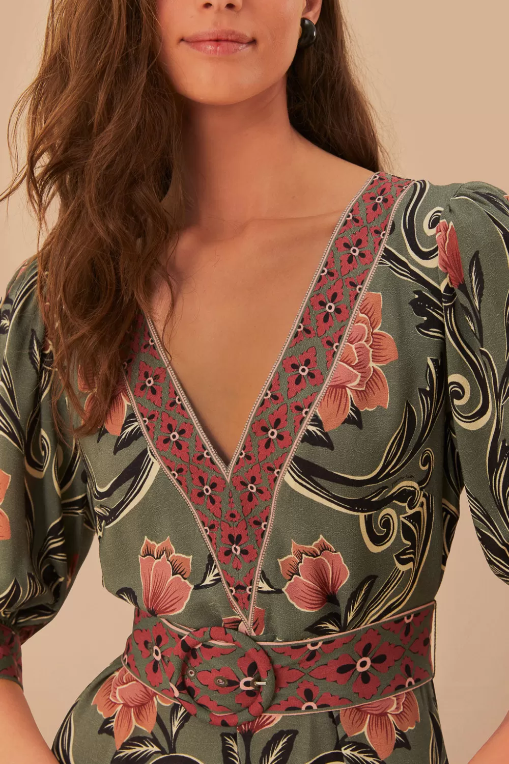 Robe longue verte à imprimé floral arabesque^FARM Rio  Discount