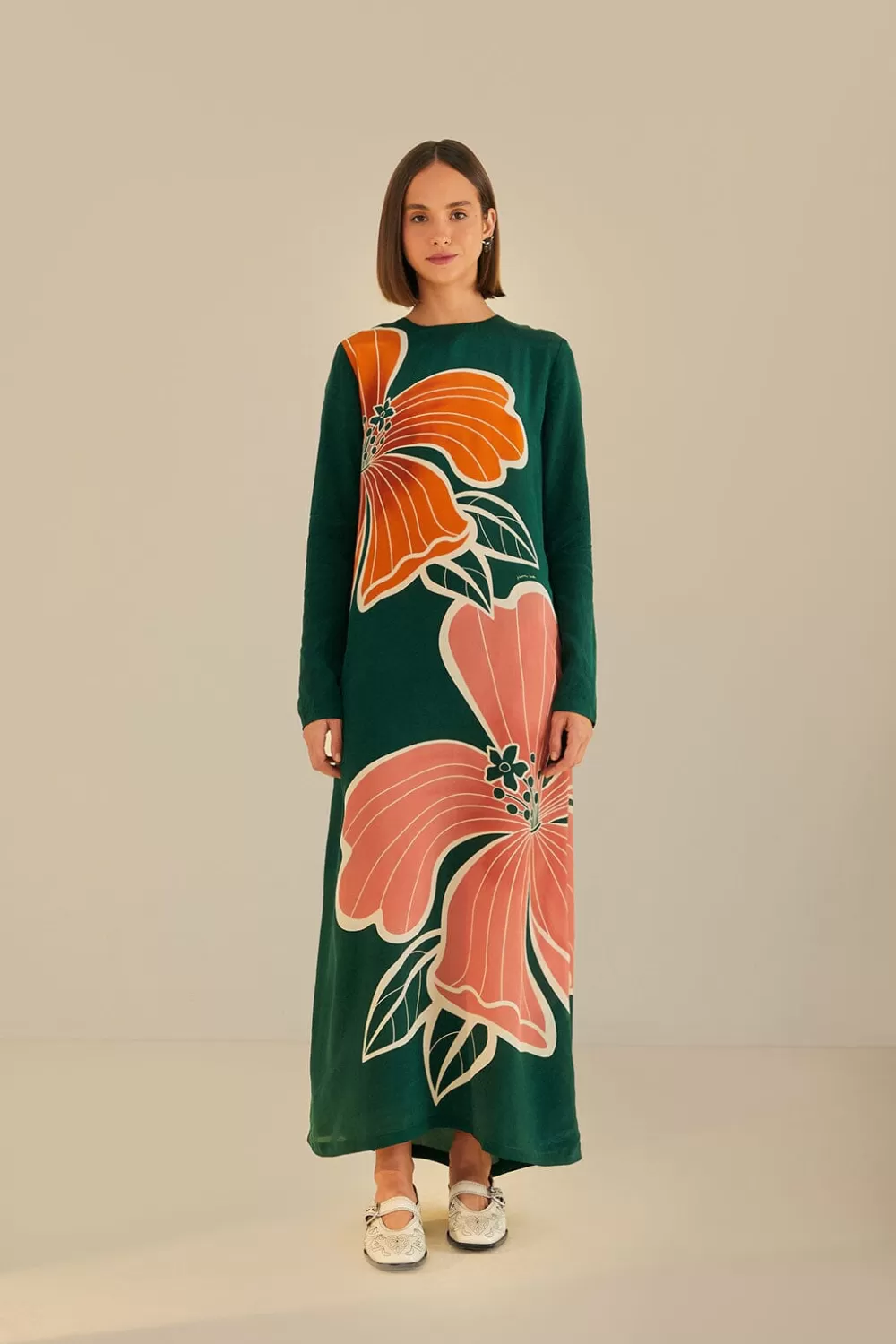 Robe longue verte à manches longues et fleurs d'Honolulu^FARM Rio  Clearance