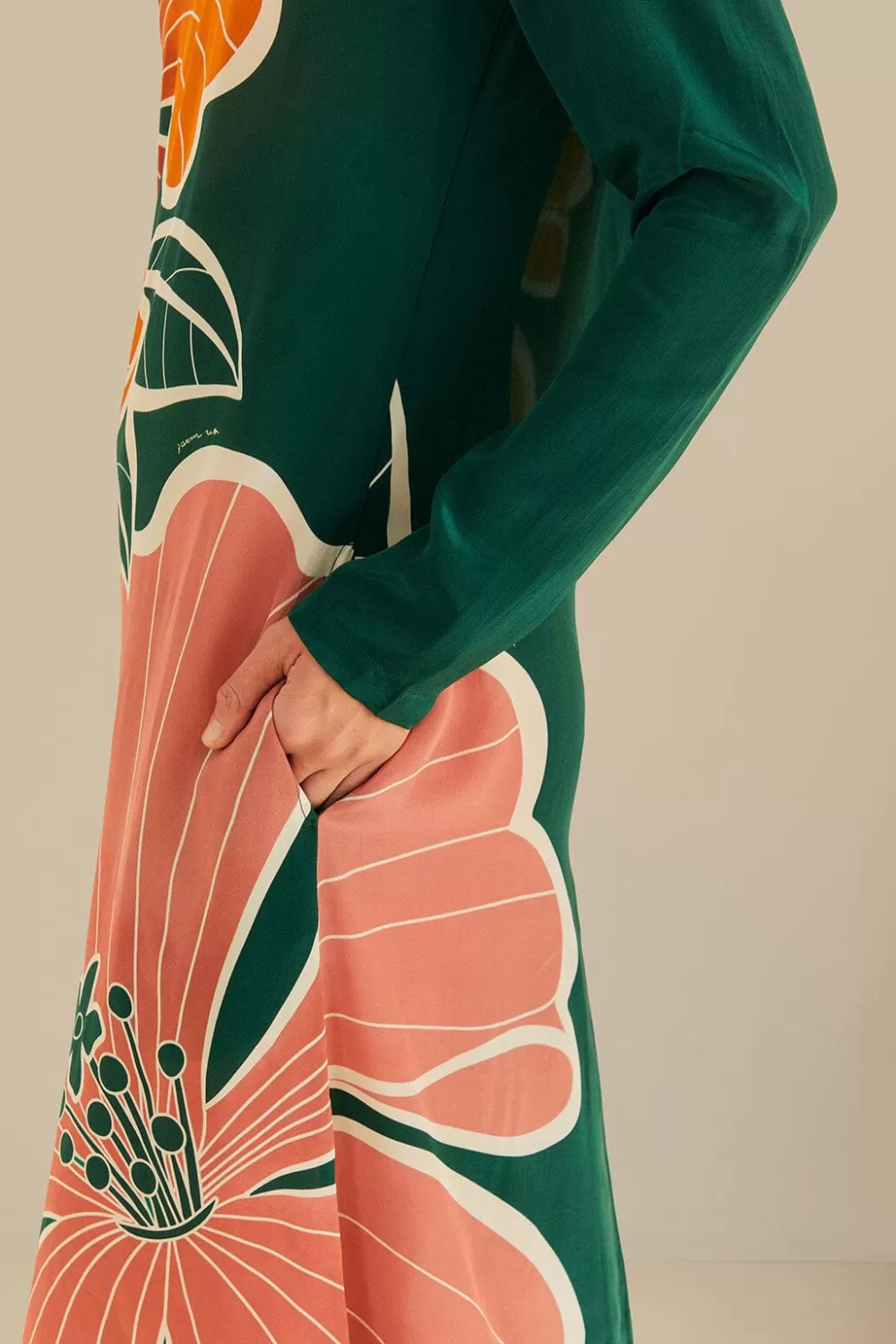 Robe longue verte à manches longues et fleurs d'Honolulu^FARM Rio  Clearance