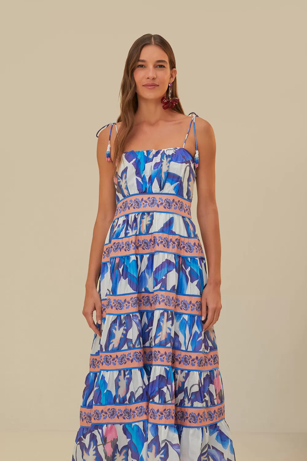 Robe midi à feuillage bleu blanc cassé^FARM Rio  Discount