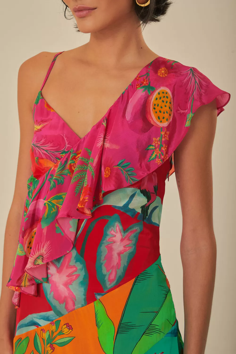 Robe midi à une bretelle et volants fleuris mélangés^FARM Rio  Store