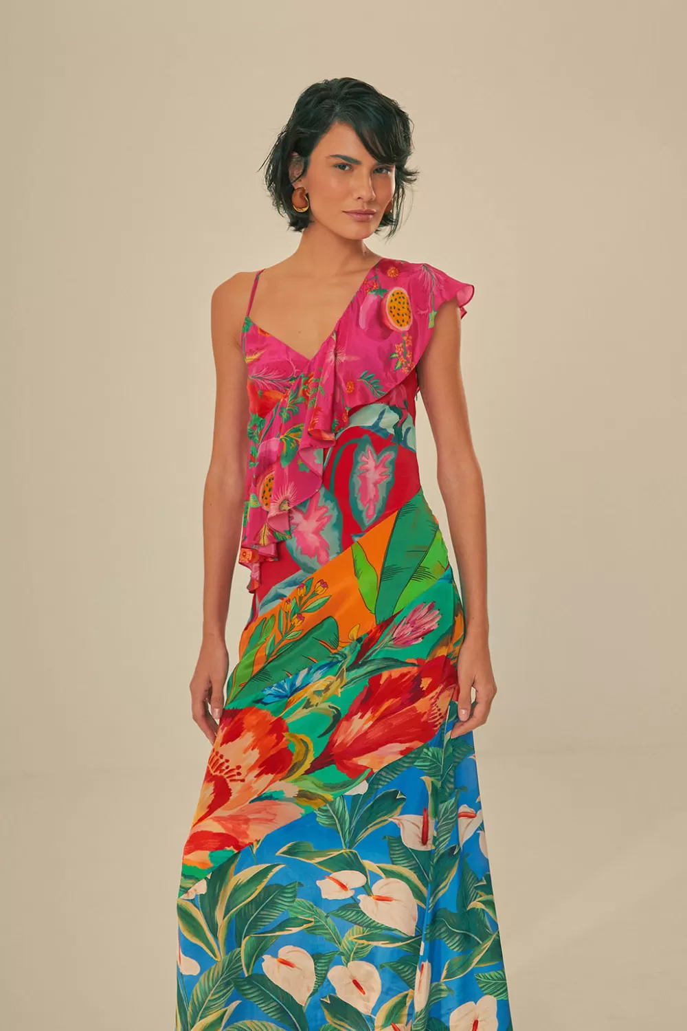 Robe midi à une bretelle et volants fleuris mélangés^FARM Rio  Store
