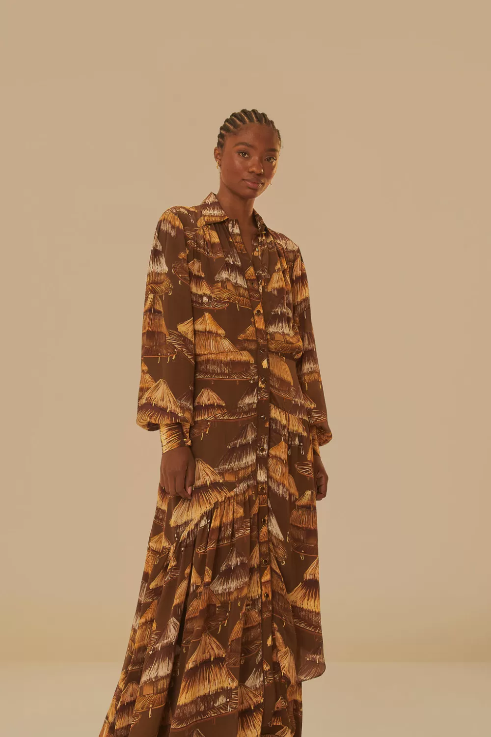 Robe midi beige à manches longues Malocas^FARM Rio  Best