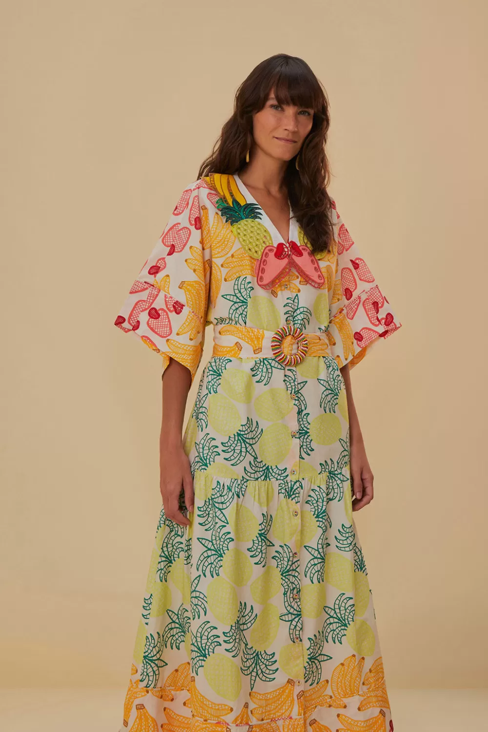 Robe midi blanc cassé à fruits tropicaux^FARM Rio  Shop